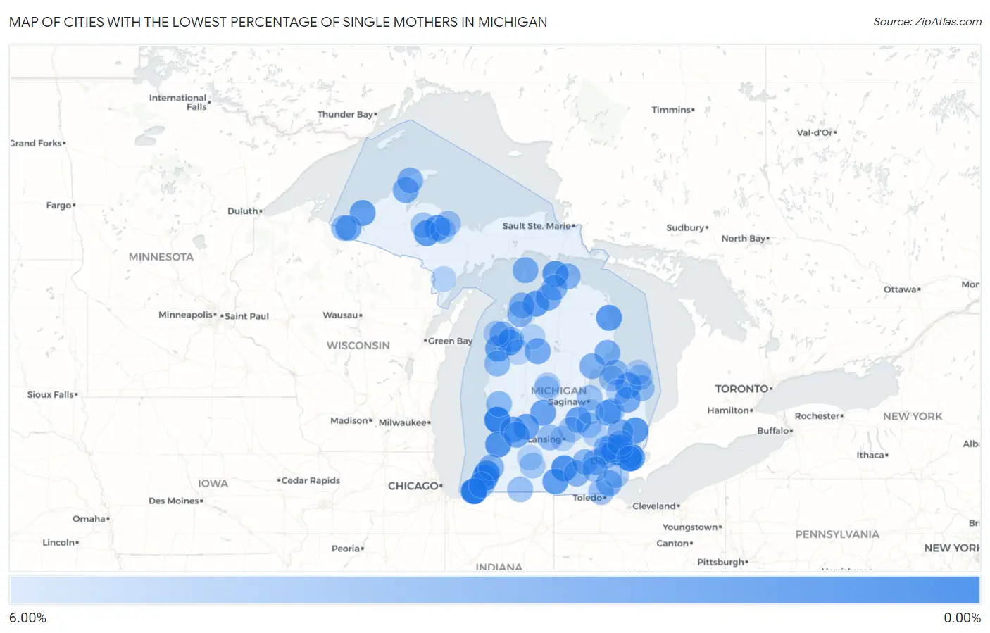 Cities with the Lowest Percentage of Single Mothers in Michigan Map