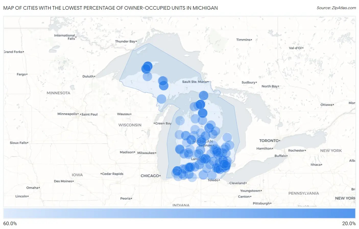 Cities with the Lowest Percentage of Owner-Occupied Units in Michigan Map