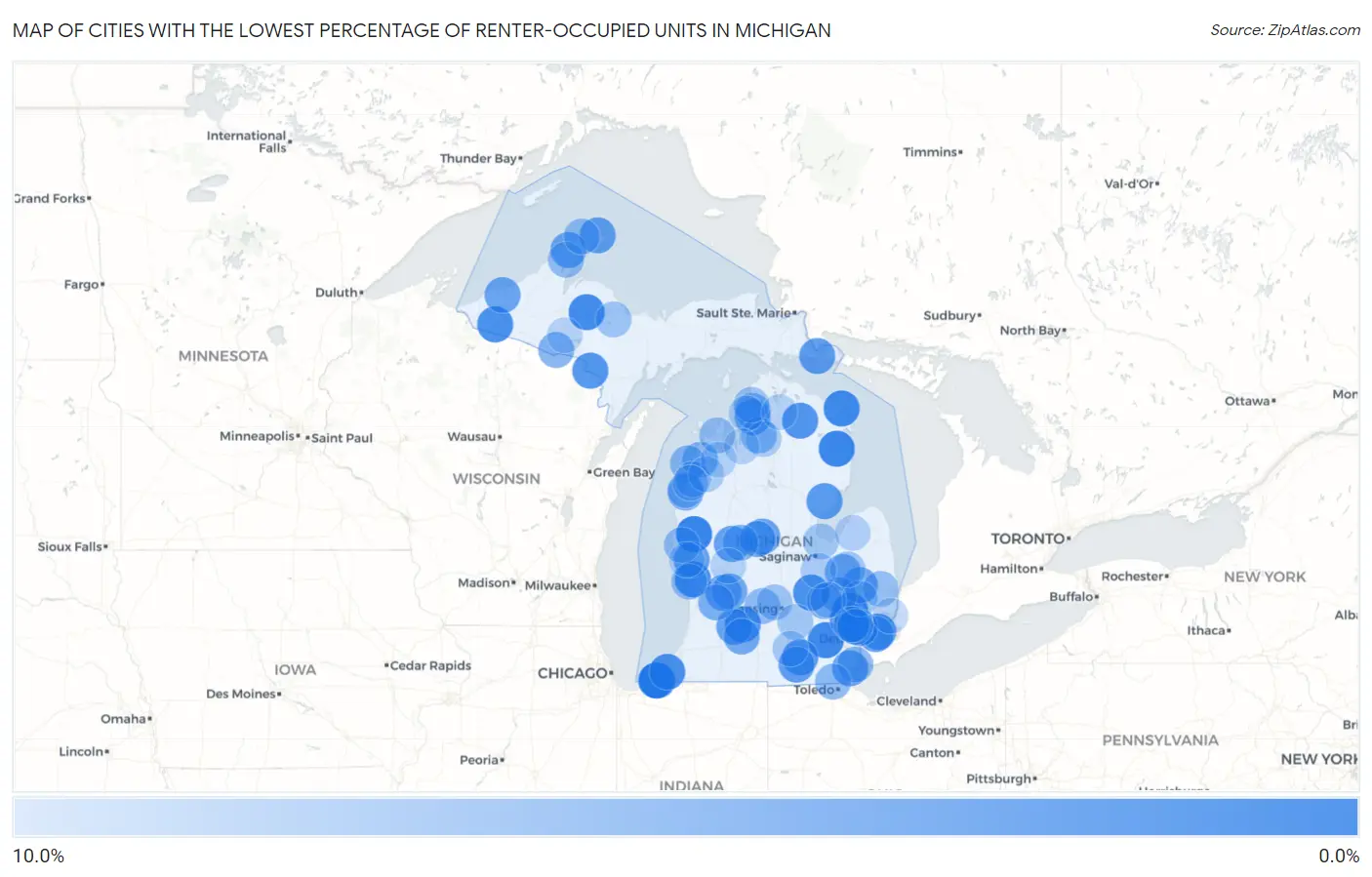 Cities with the Lowest Percentage of Renter-Occupied Units in Michigan Map
