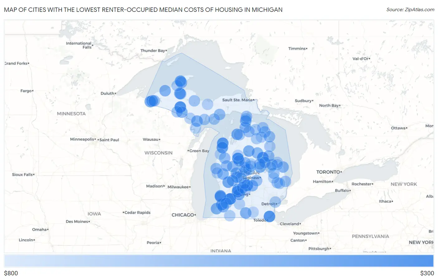 Cities with the Lowest Renter-Occupied Median Costs of Housing in Michigan Map