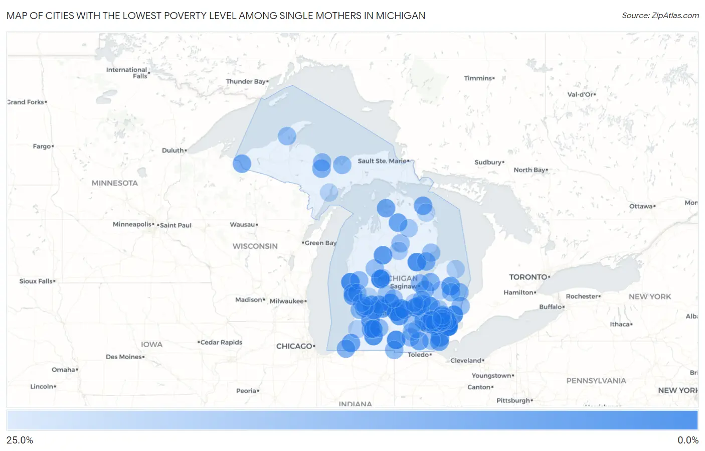 Cities with the Lowest Poverty Level Among Single Mothers in Michigan Map