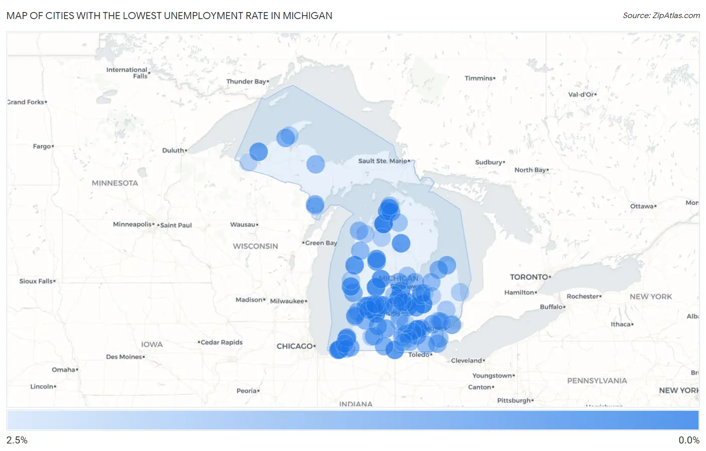Cities with the Lowest Unemployment Rate in Michigan Map