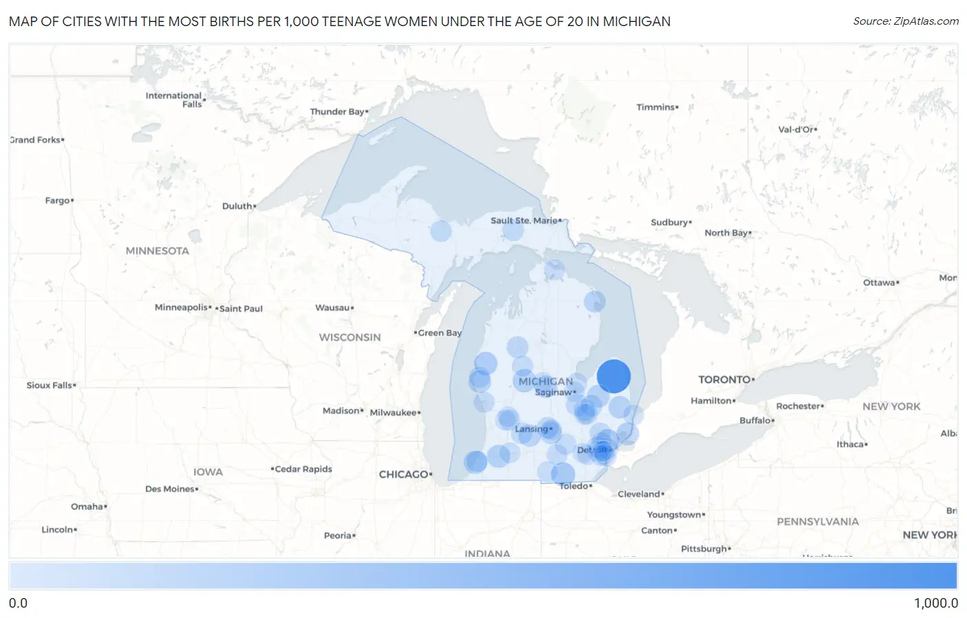 Cities with the Most Births per 1,000 Teenage Women Under the Age of 20 in Michigan Map