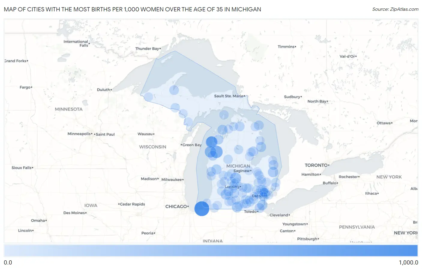 Cities with the Most Births per 1,000 Women Over the Age of 35 in Michigan Map