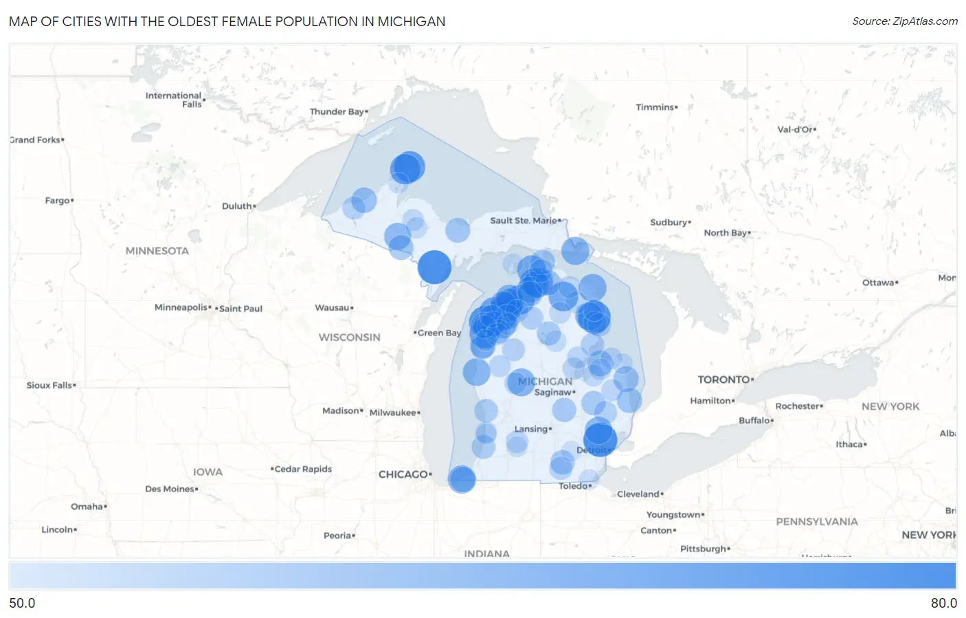 Cities with the Oldest Female Population in Michigan Map