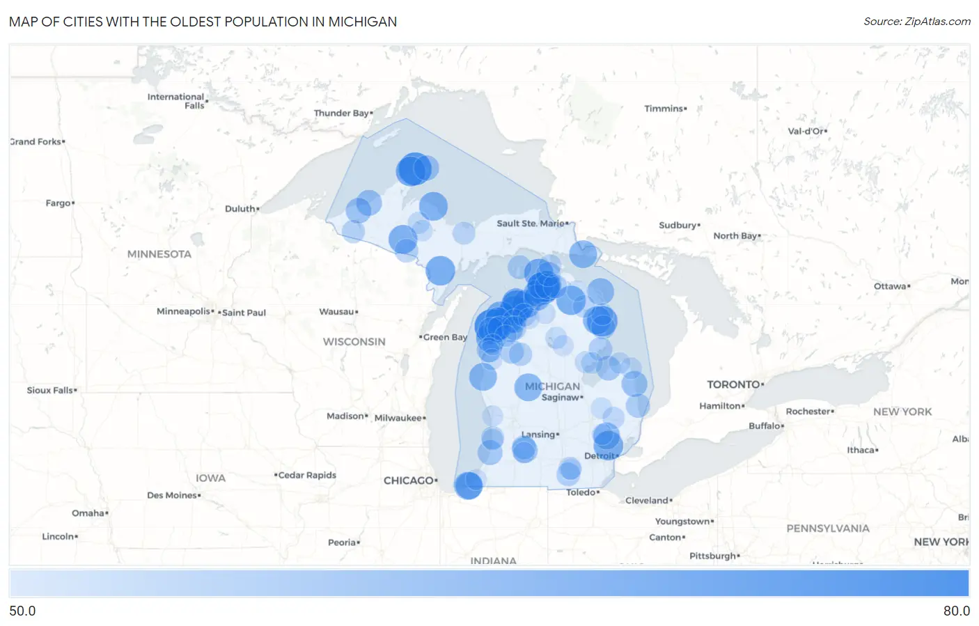 Cities with the Oldest Population in Michigan Map