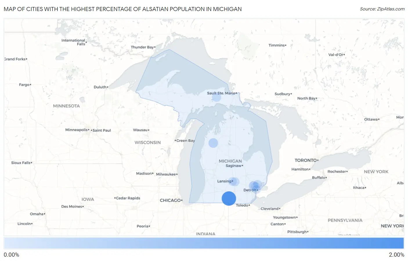 Cities with the Highest Percentage of Alsatian Population in Michigan Map