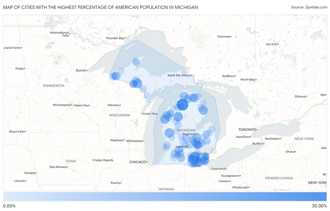 Cities with the Highest Percentage of American Population in Michigan Map