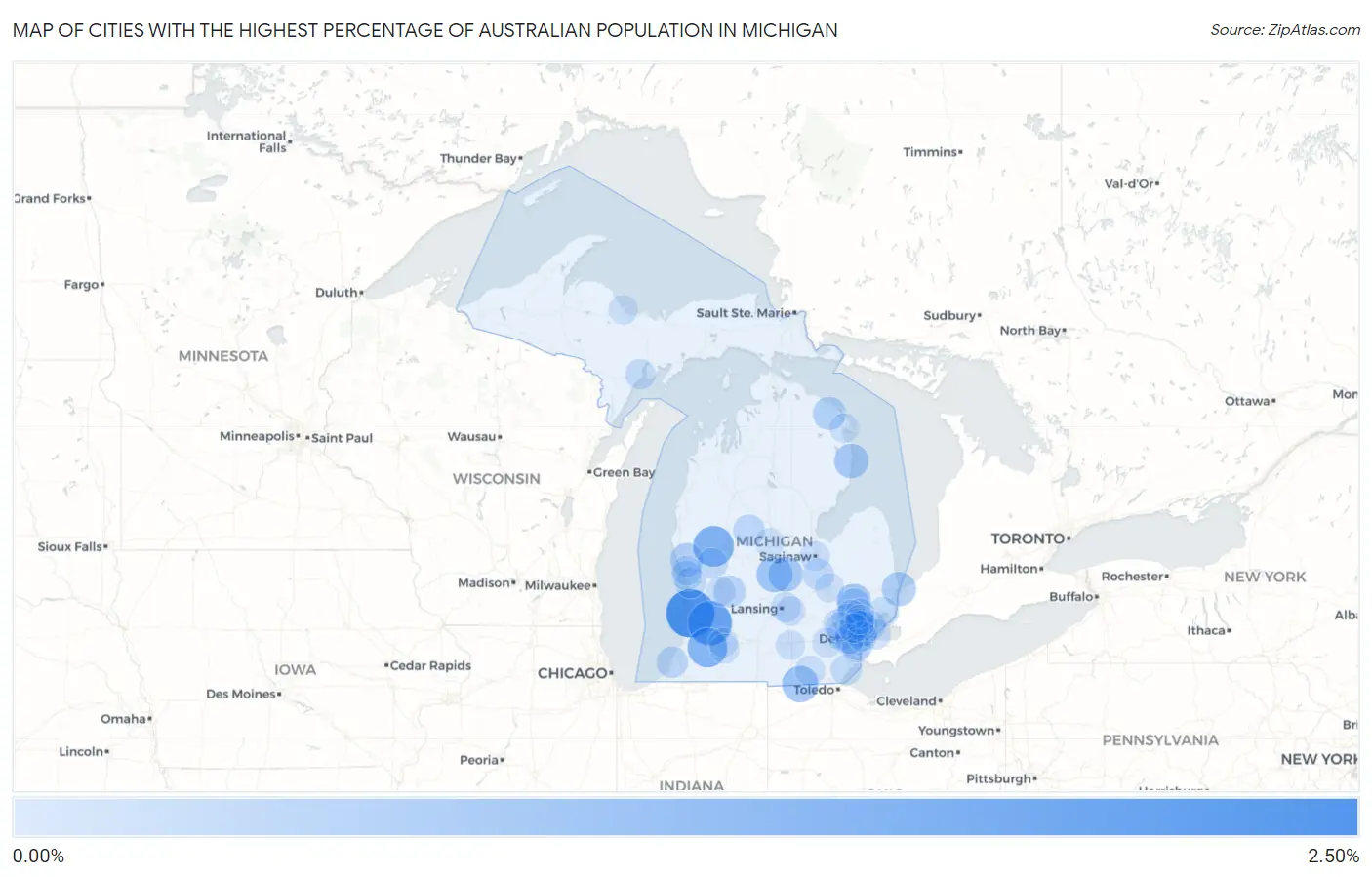 Cities with the Highest Percentage of Australian Population in Michigan Map