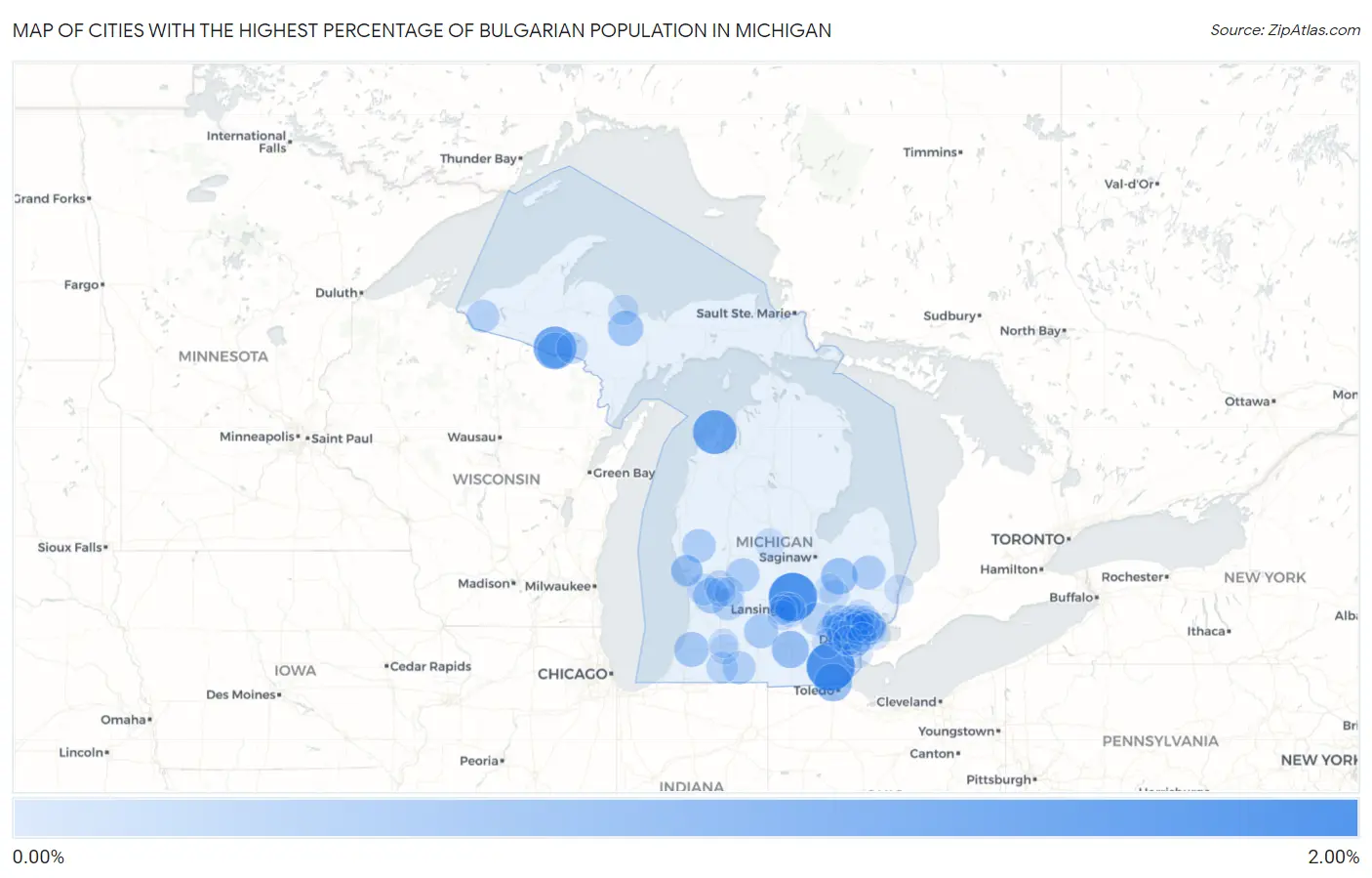 Cities with the Highest Percentage of Bulgarian Population in Michigan Map