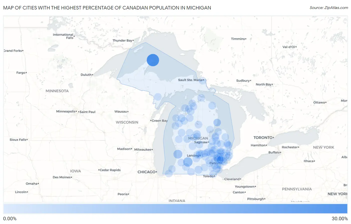 Cities with the Highest Percentage of Canadian Population in Michigan Map
