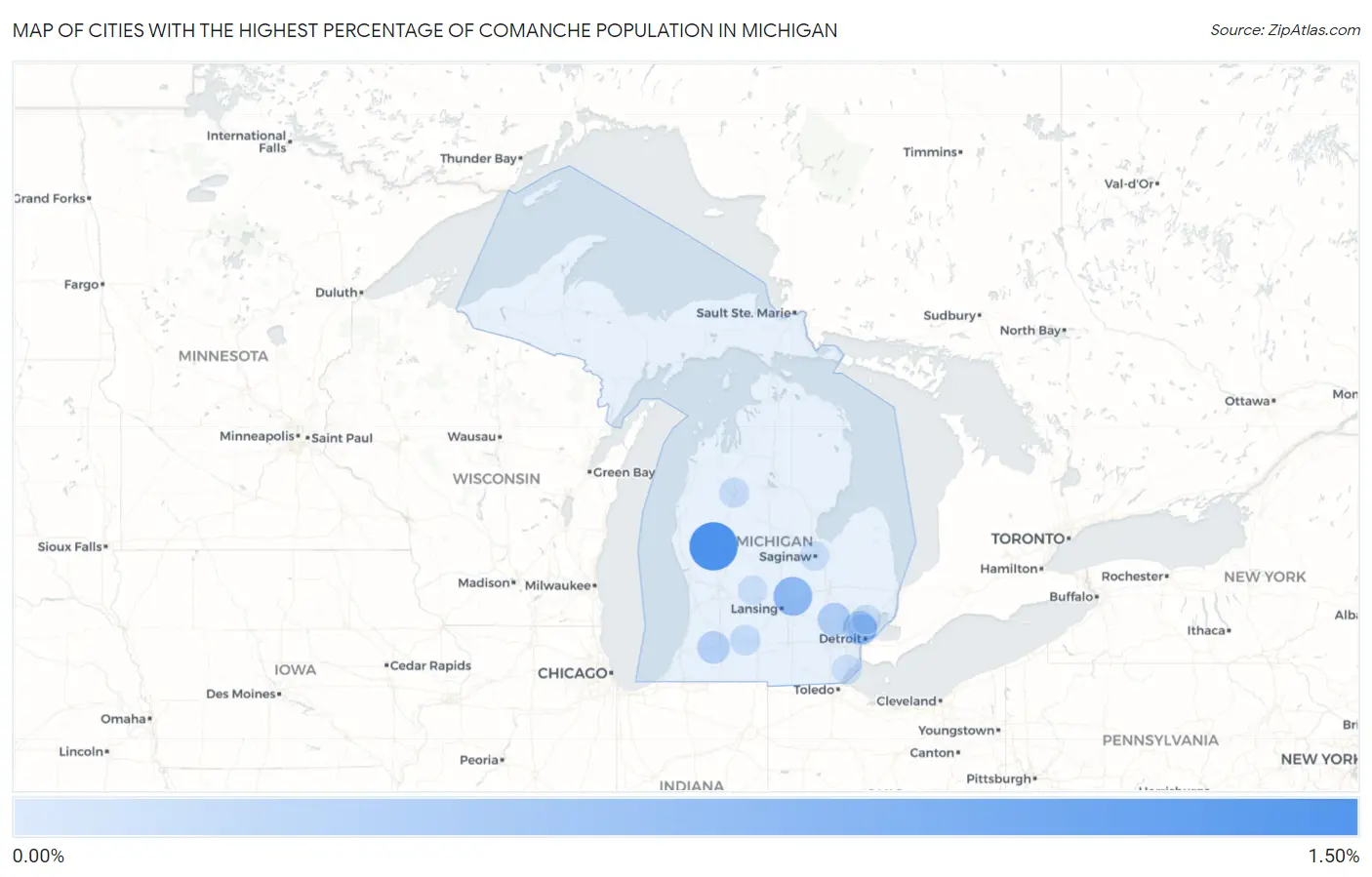 Cities with the Highest Percentage of Comanche Population in Michigan Map