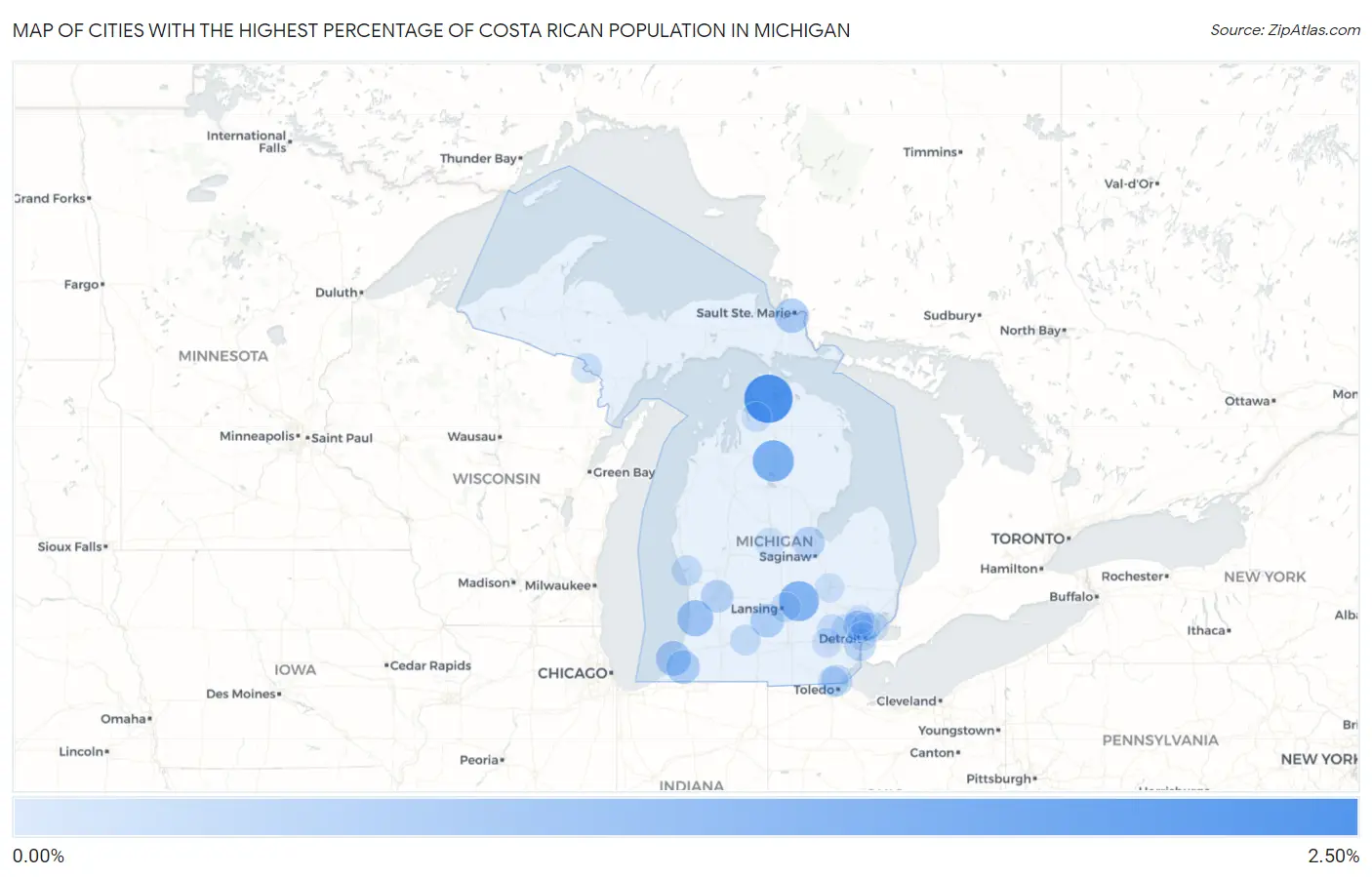 Cities with the Highest Percentage of Costa Rican Population in Michigan Map