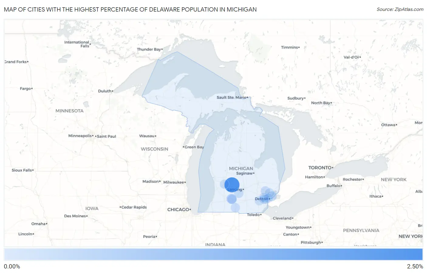 Cities with the Highest Percentage of Delaware Population in Michigan Map