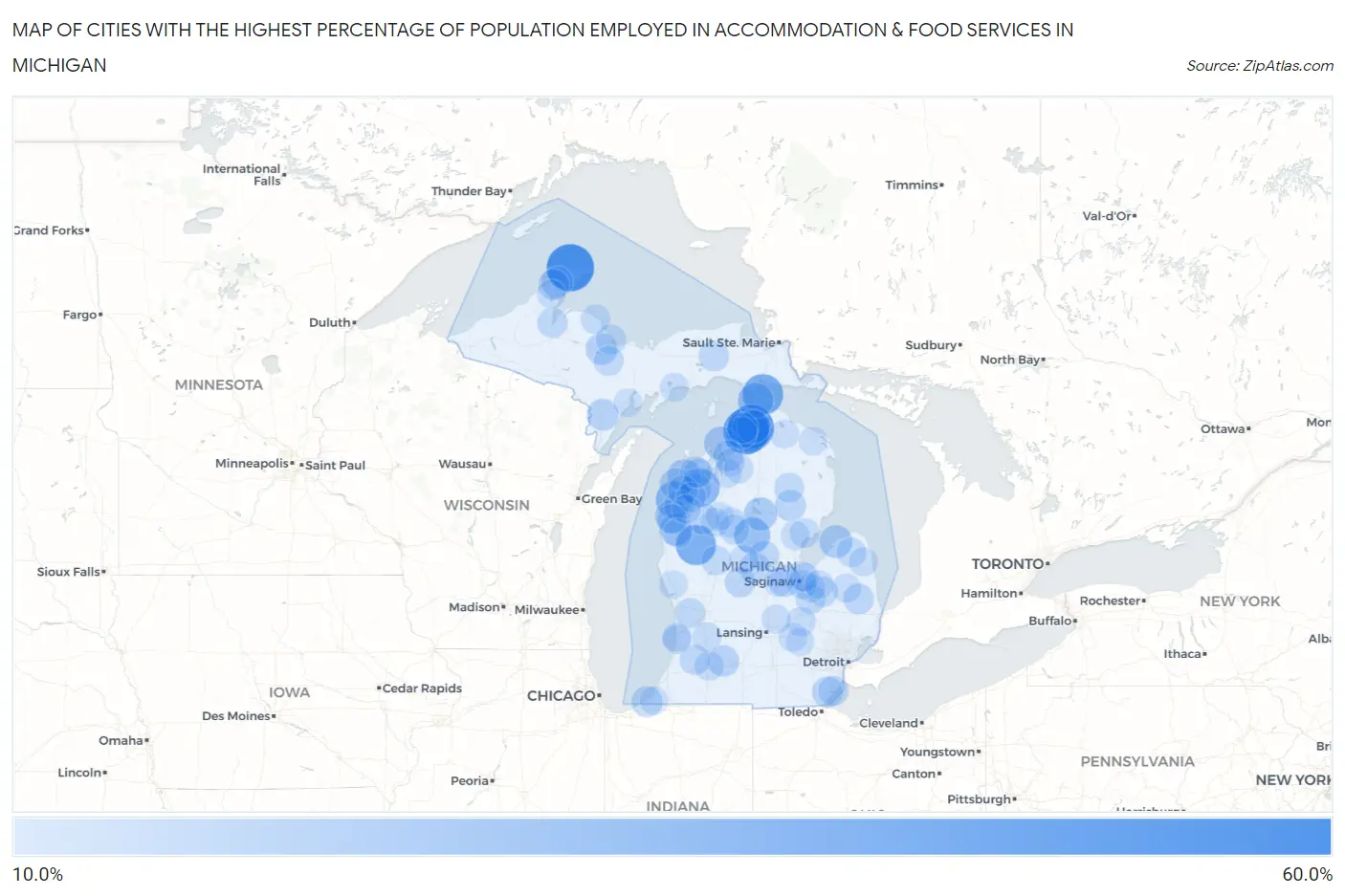 Cities with the Highest Percentage of Population Employed in Accommodation & Food Services in Michigan Map