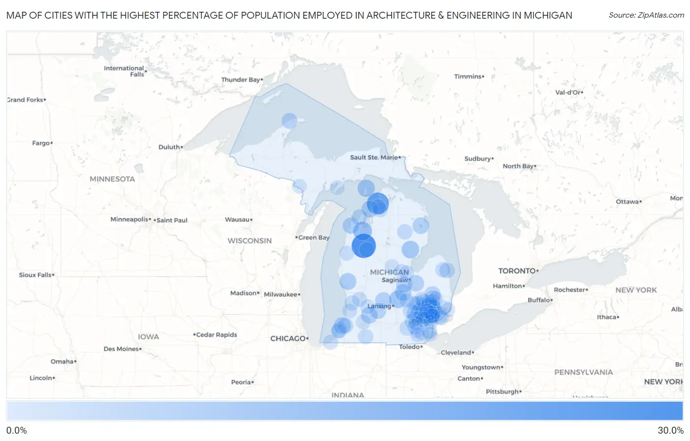 Cities with the Highest Percentage of Population Employed in Architecture & Engineering in Michigan Map