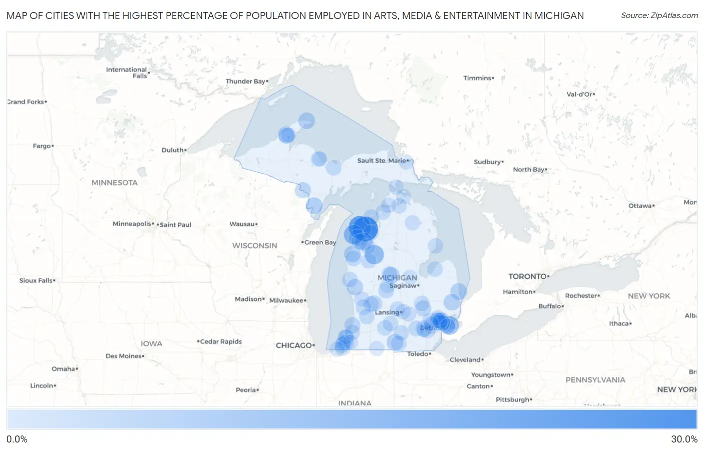 Cities with the Highest Percentage of Population Employed in Arts, Media & Entertainment in Michigan Map
