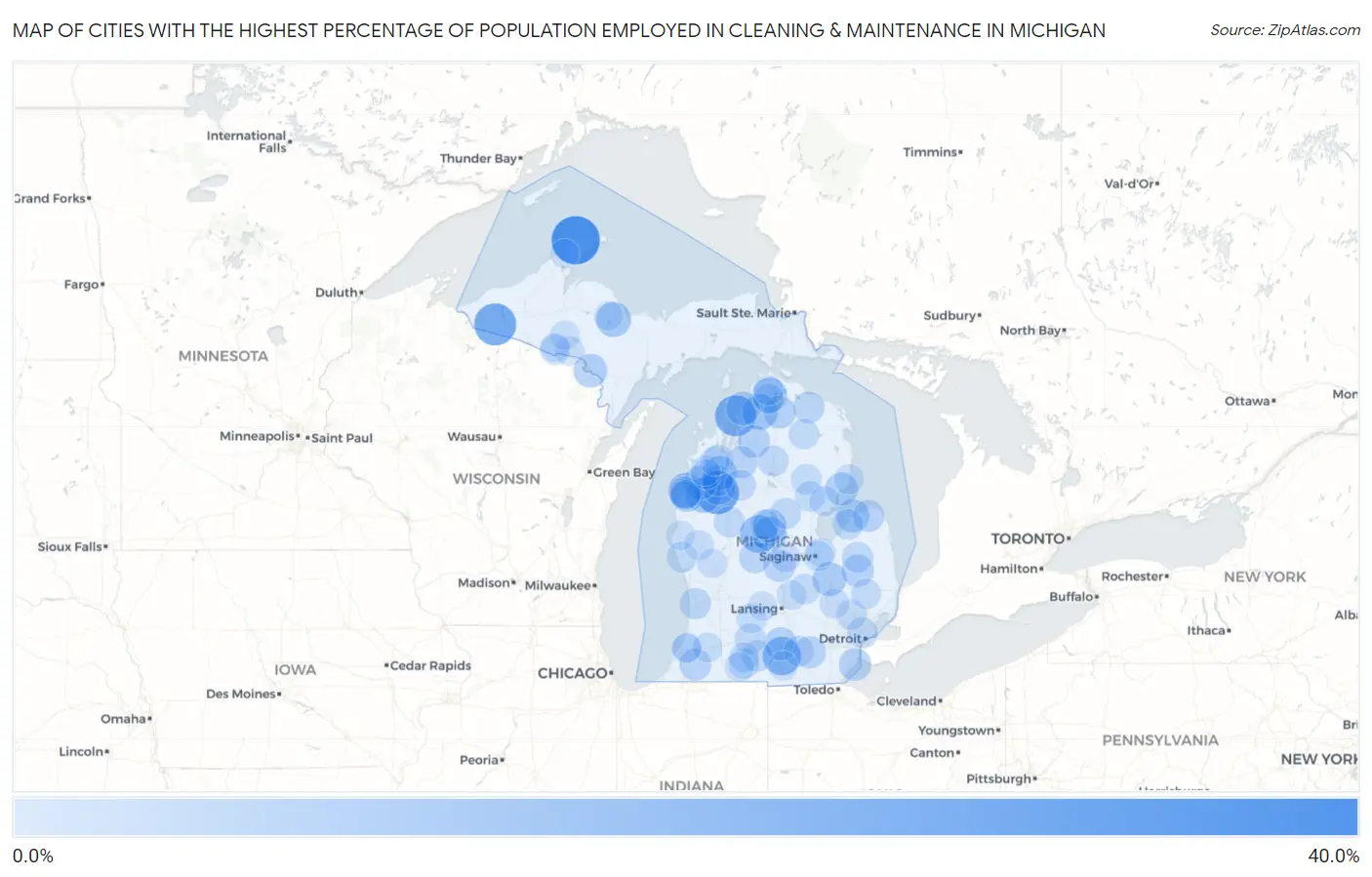 Cities with the Highest Percentage of Population Employed in Cleaning & Maintenance in Michigan Map