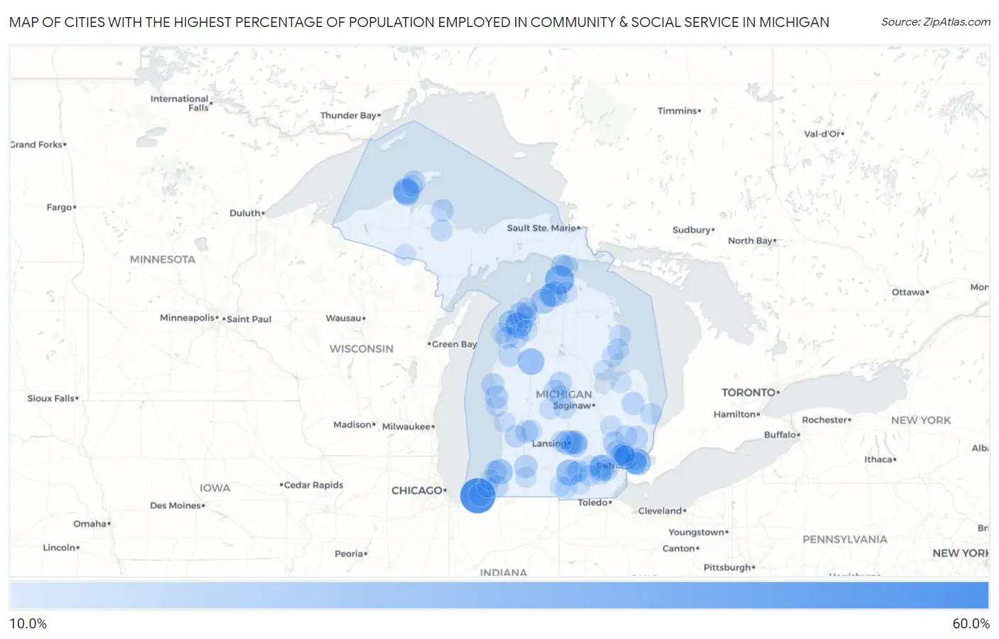 Cities with the Highest Percentage of Population Employed in Community & Social Service  in Michigan Map