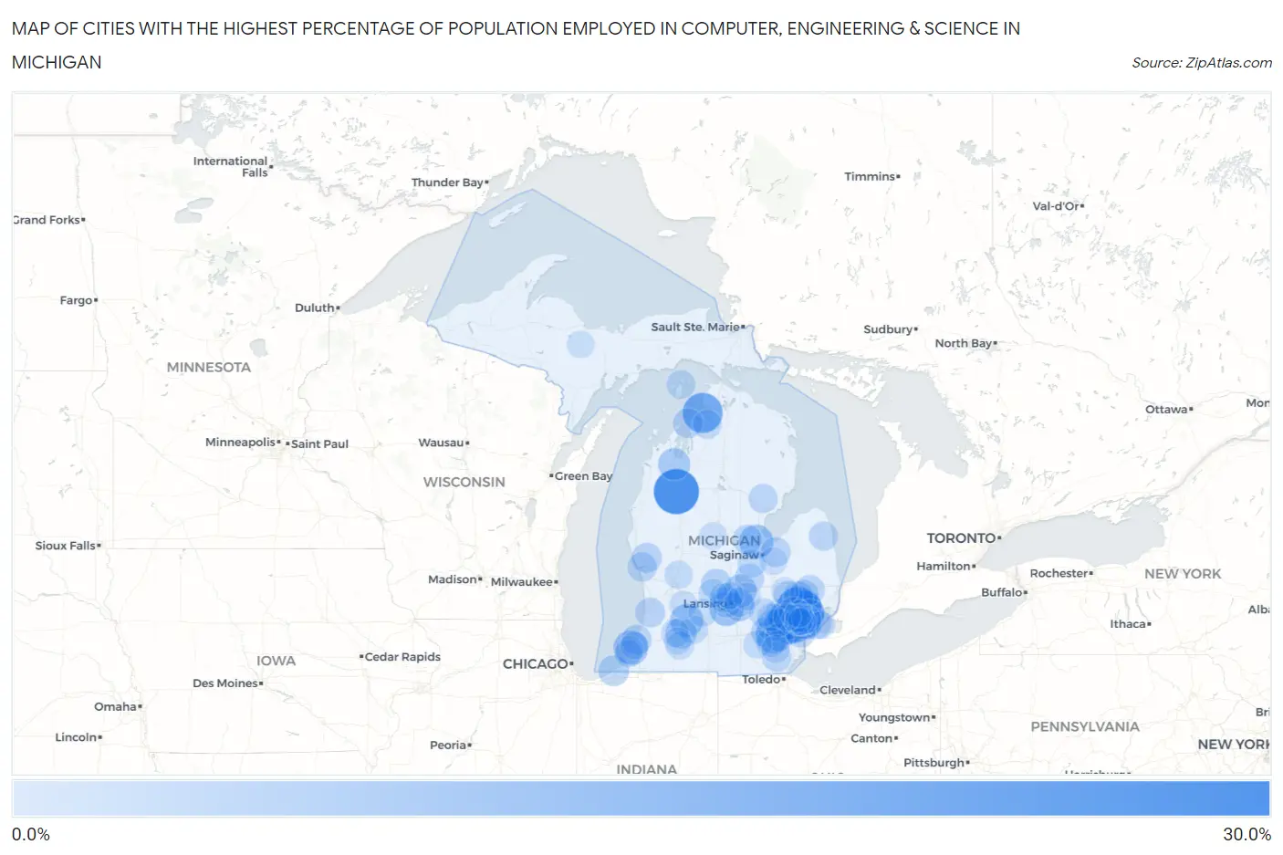 Cities with the Highest Percentage of Population Employed in Computer, Engineering & Science in Michigan Map