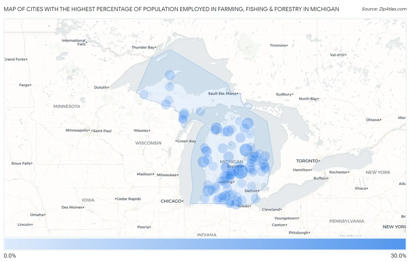 Cities with the Highest Percentage of Population Employed in Farming, Fishing & Forestry in Michigan Map