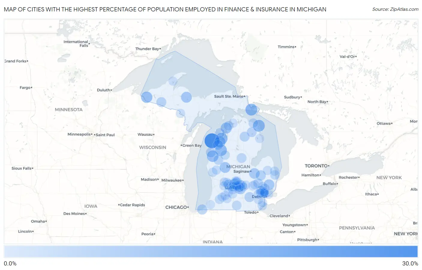 Cities with the Highest Percentage of Population Employed in Finance & Insurance in Michigan Map
