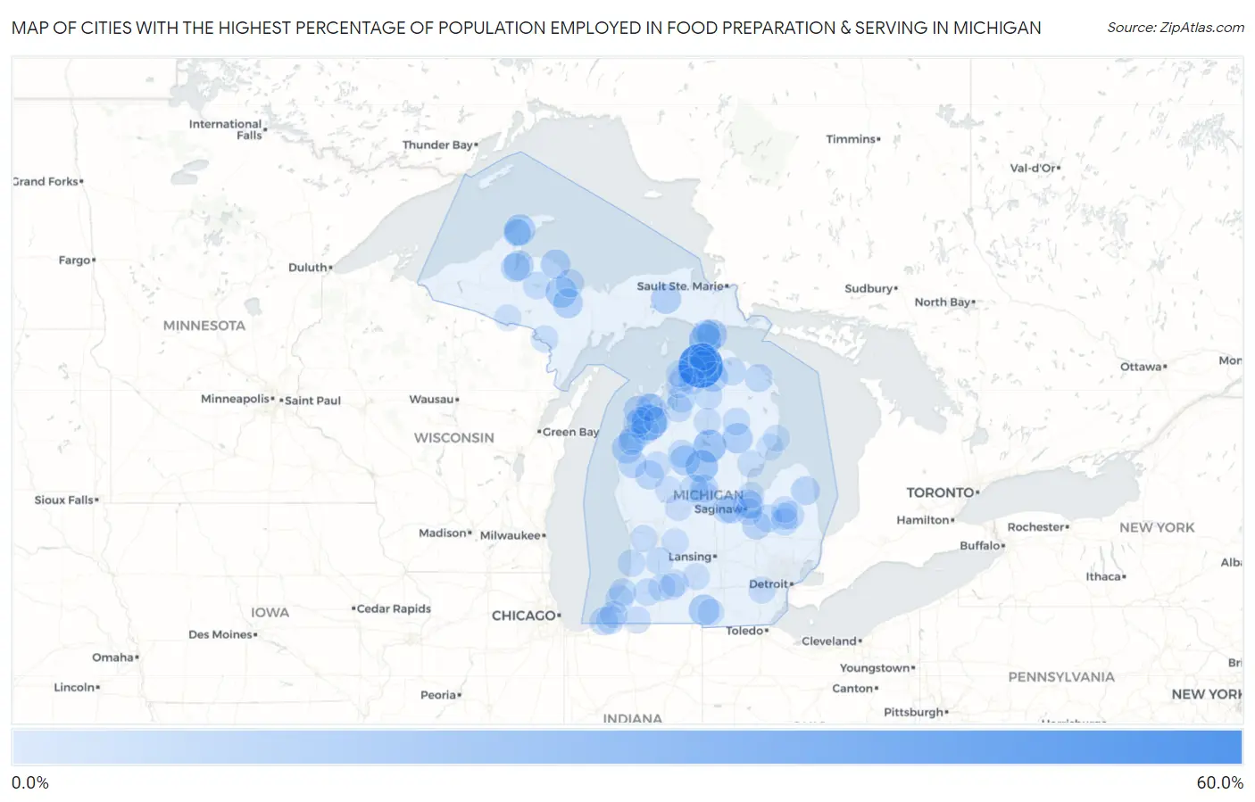 Cities with the Highest Percentage of Population Employed in Food Preparation & Serving in Michigan Map