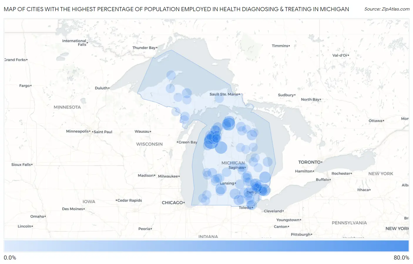 Cities with the Highest Percentage of Population Employed in Health Diagnosing & Treating in Michigan Map
