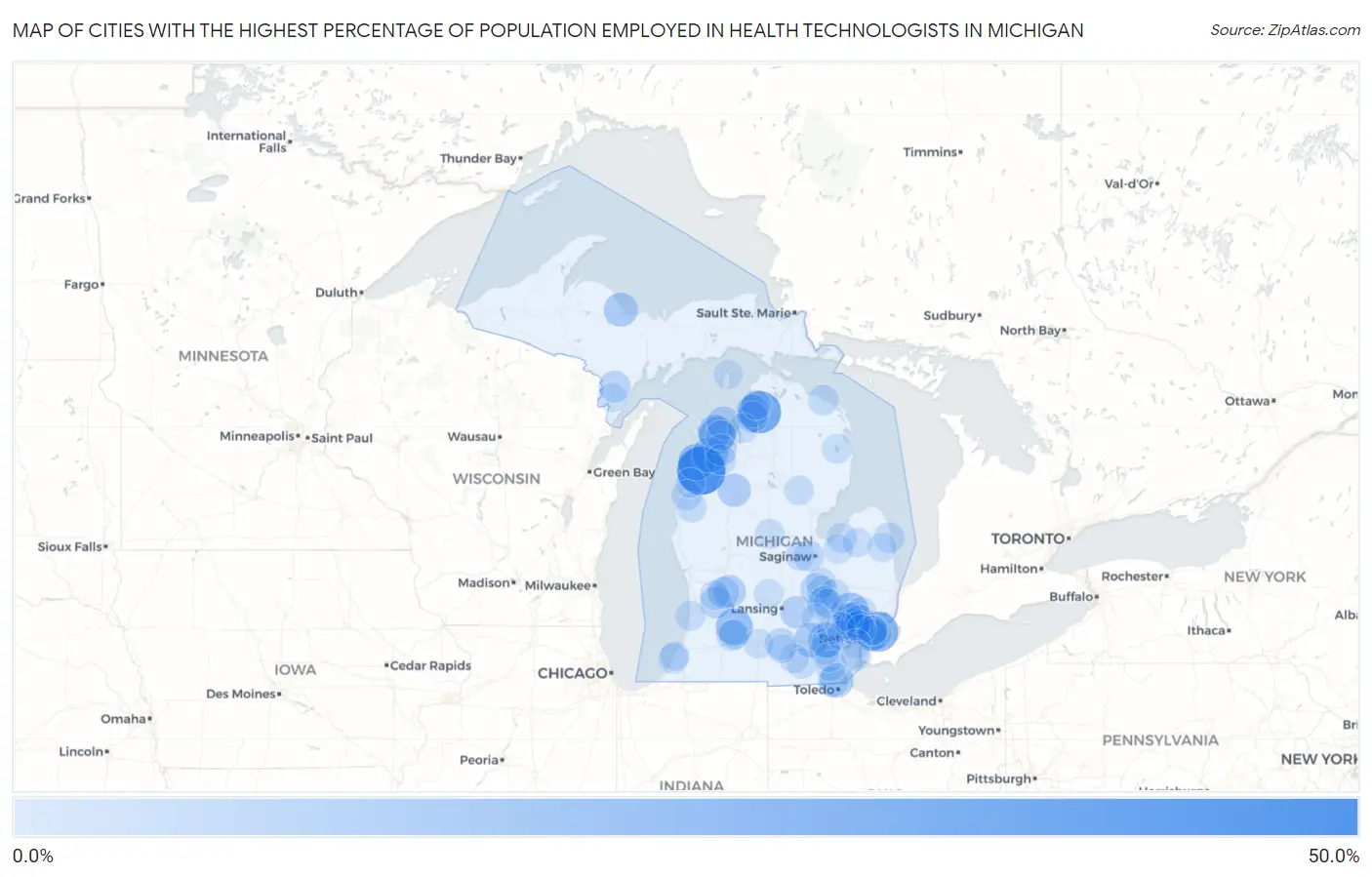 Cities with the Highest Percentage of Population Employed in Health Technologists in Michigan Map