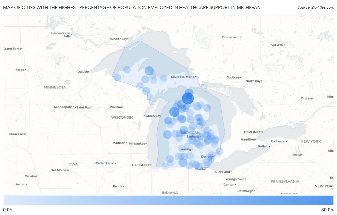 Cities with the Highest Percentage of Population Employed in Healthcare Support in Michigan Map