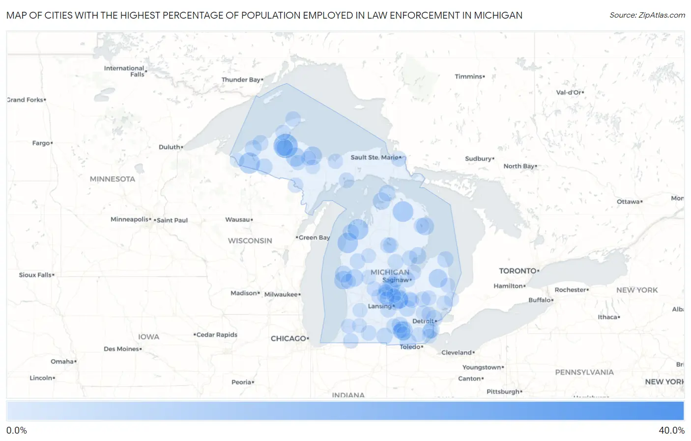 Cities with the Highest Percentage of Population Employed in Law Enforcement in Michigan Map
