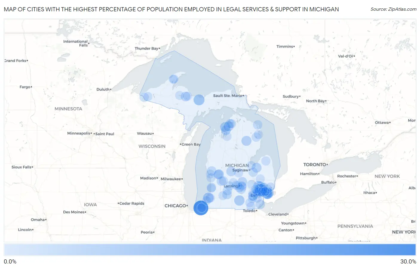 Cities with the Highest Percentage of Population Employed in Legal Services & Support in Michigan Map