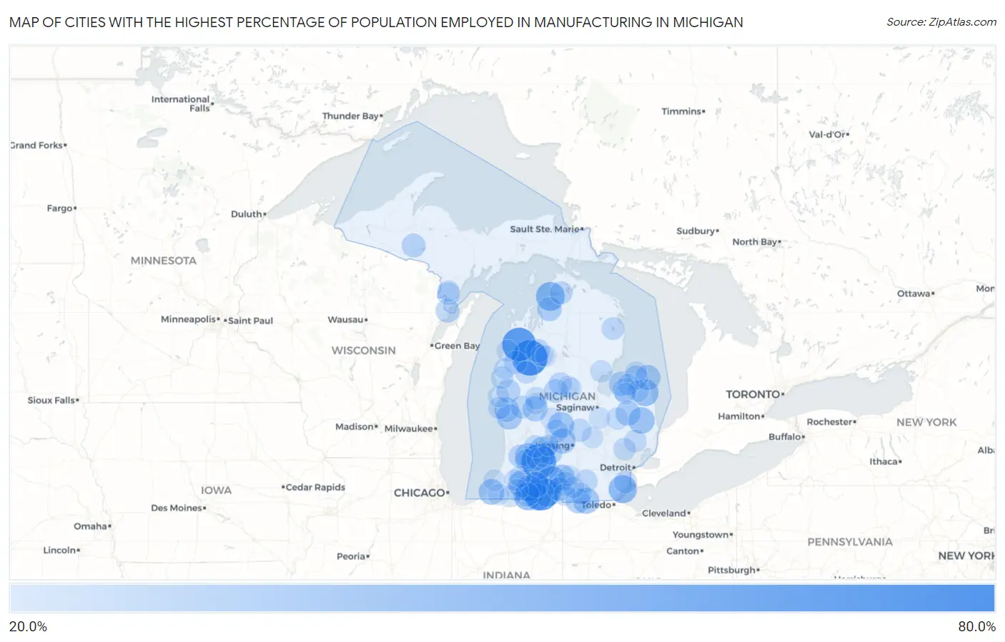 Cities with the Highest Percentage of Population Employed in Manufacturing in Michigan Map