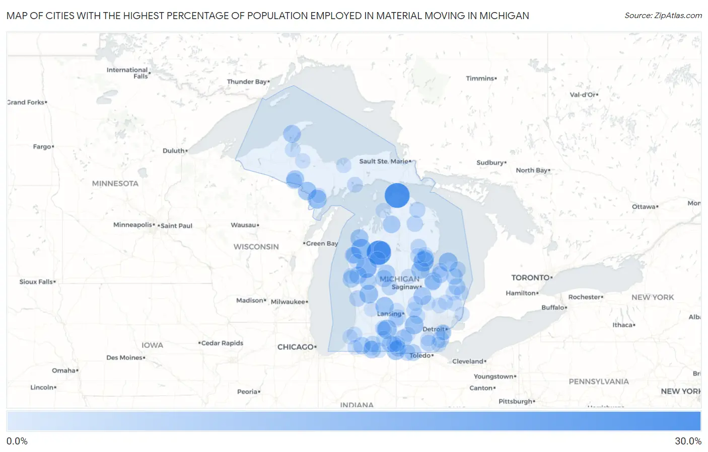 Cities with the Highest Percentage of Population Employed in Material Moving in Michigan Map