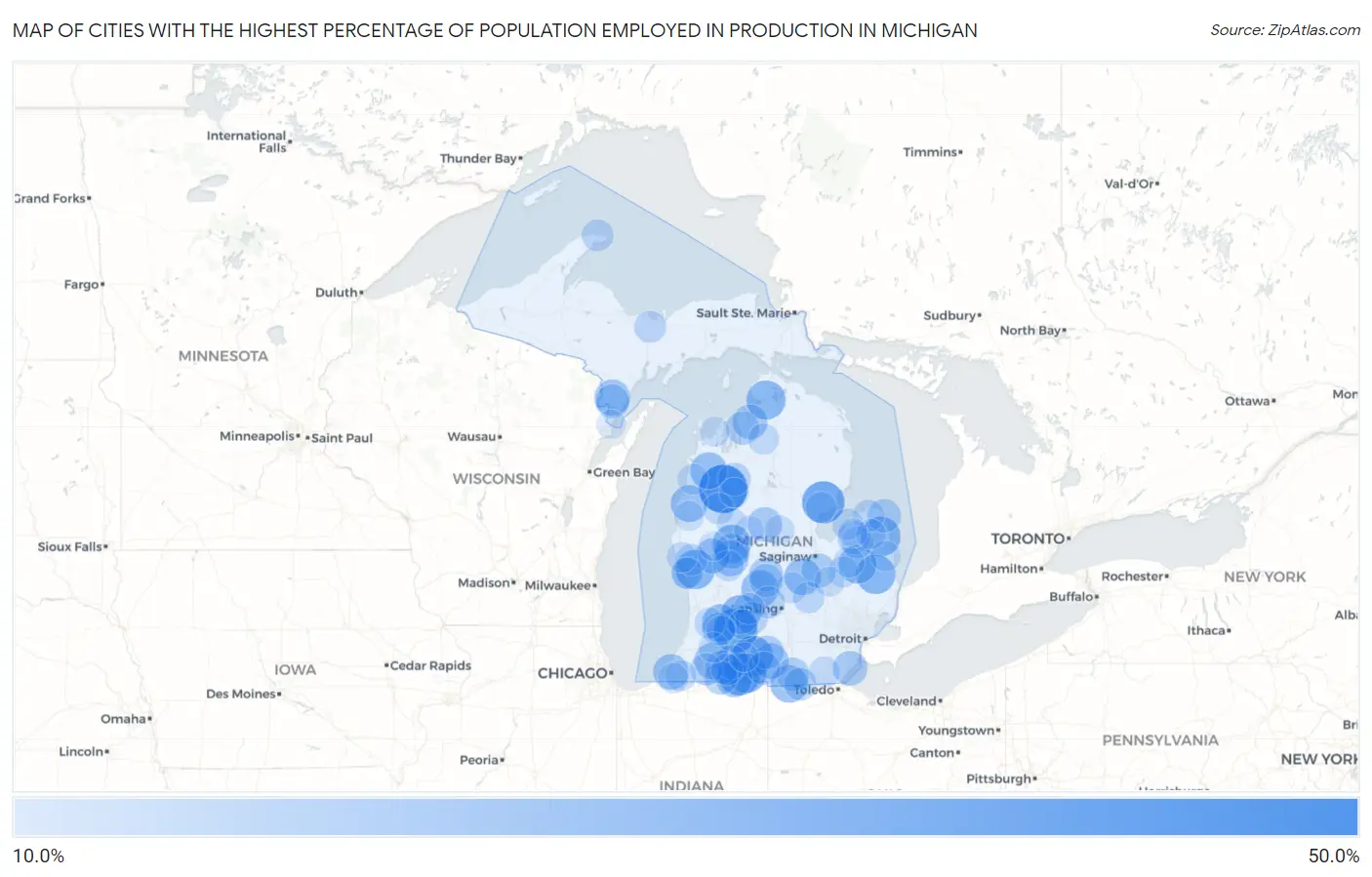 Cities with the Highest Percentage of Population Employed in Production in Michigan Map