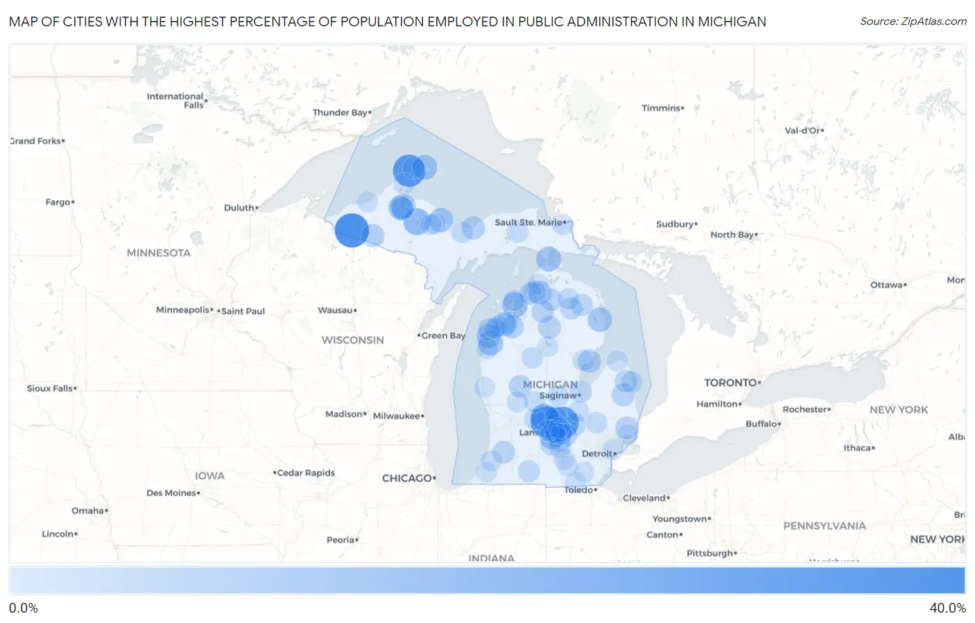 Cities with the Highest Percentage of Population Employed in Public Administration in Michigan Map