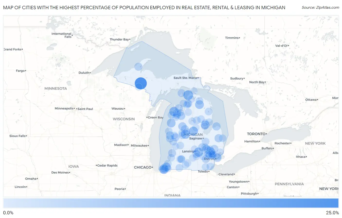 Cities with the Highest Percentage of Population Employed in Real Estate, Rental & Leasing in Michigan Map