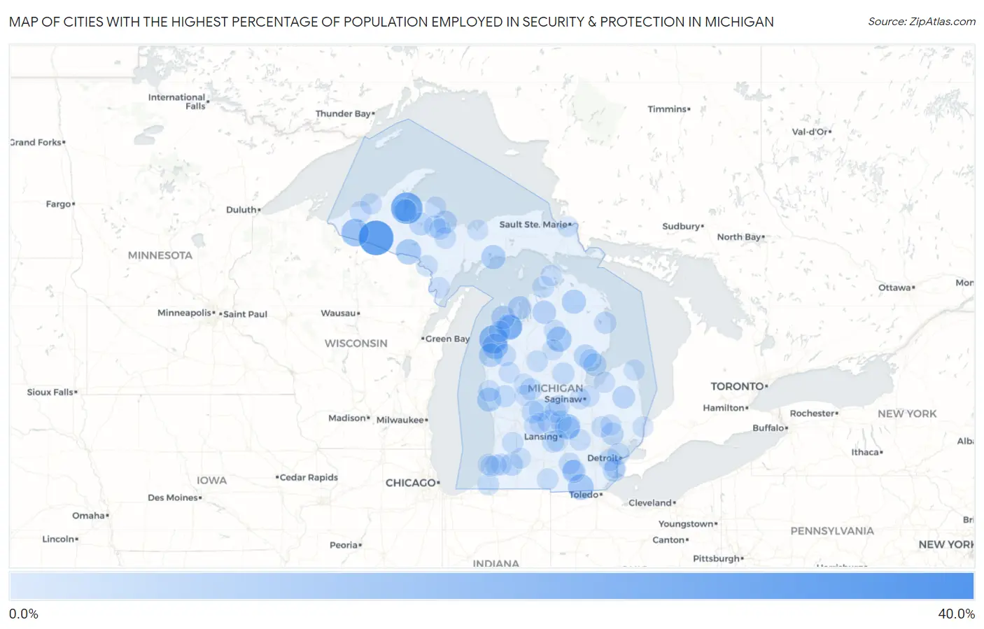 Cities with the Highest Percentage of Population Employed in Security & Protection in Michigan Map