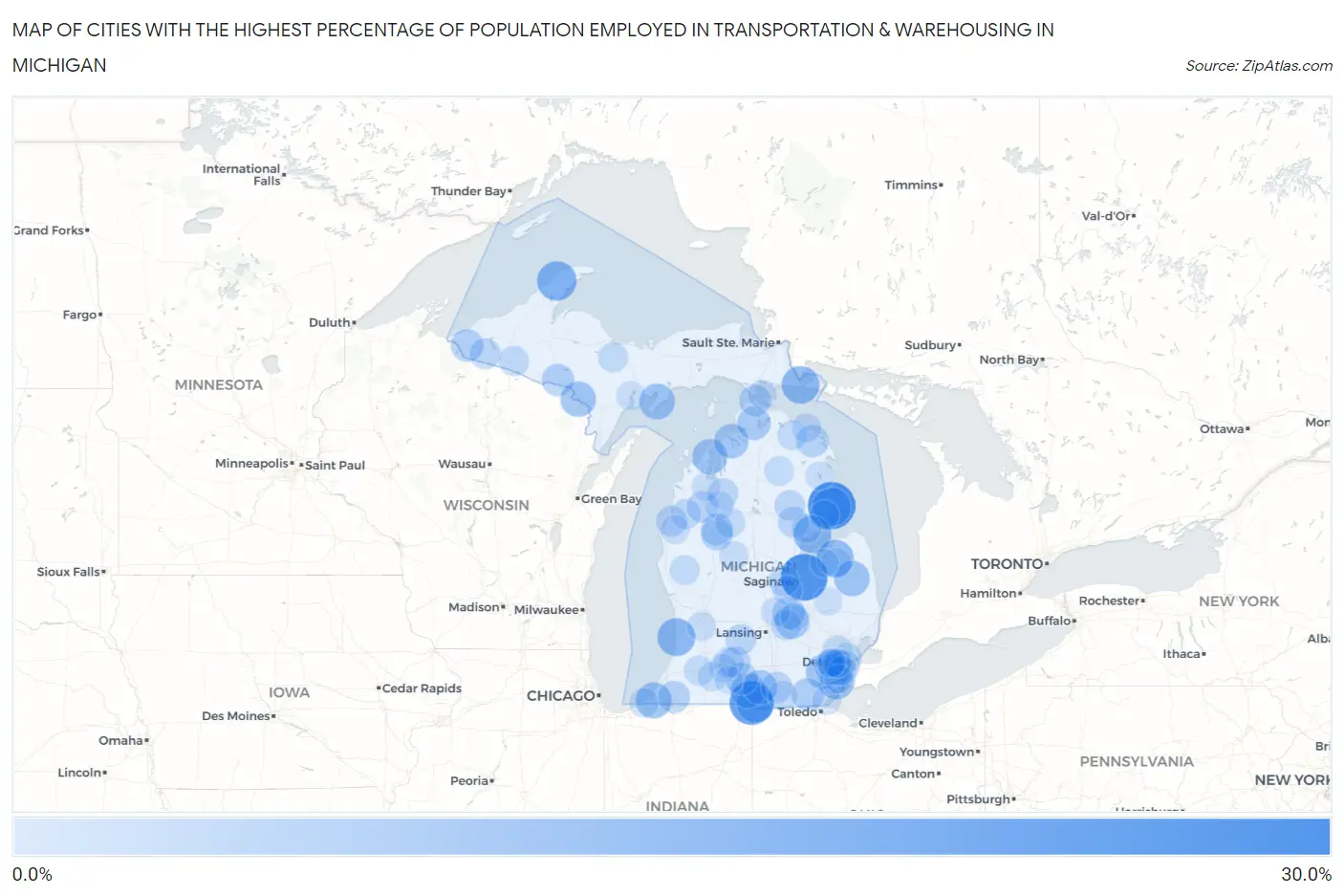 Cities with the Highest Percentage of Population Employed in Transportation & Warehousing in Michigan Map