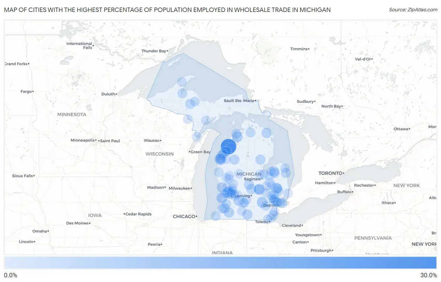 Cities with the Highest Percentage of Population Employed in Wholesale Trade in Michigan Map