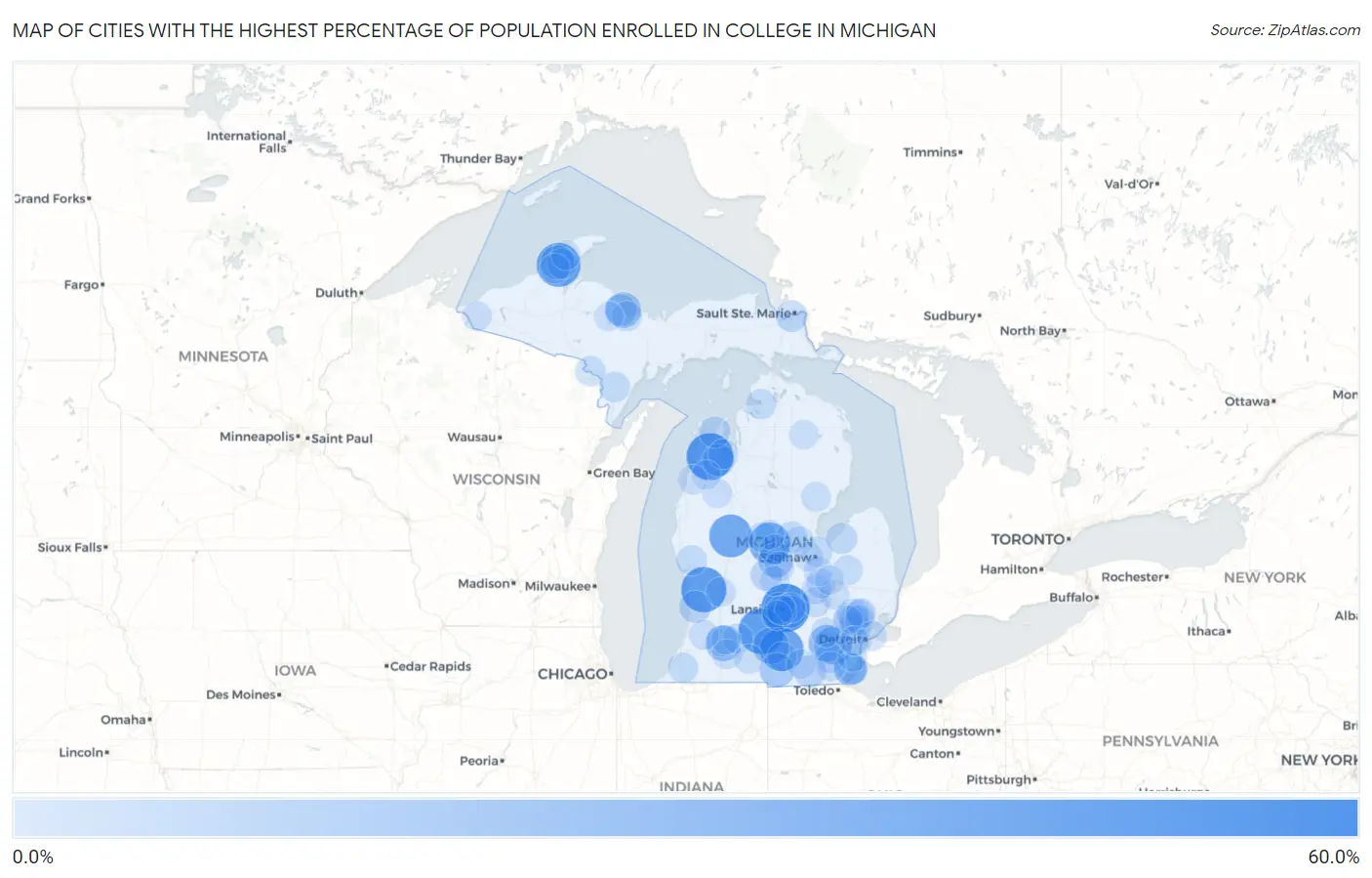 Cities with the Highest Percentage of Population Enrolled in College in Michigan Map