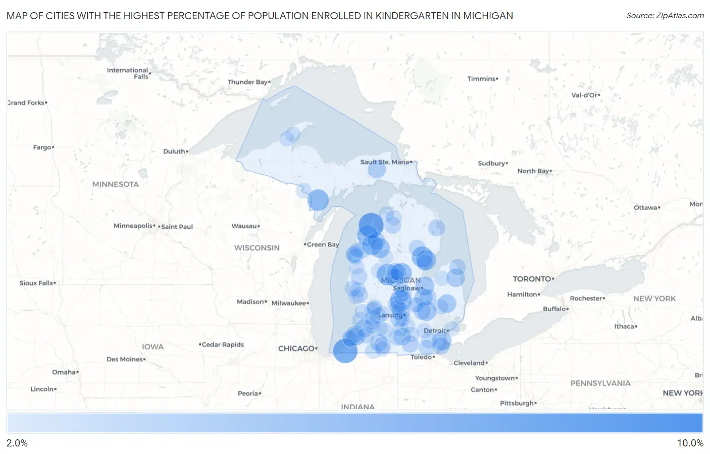 Cities with the Highest Percentage of Population Enrolled in Kindergarten in Michigan Map