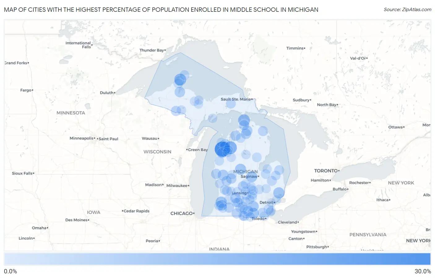 Cities with the Highest Percentage of Population Enrolled in Middle School in Michigan Map