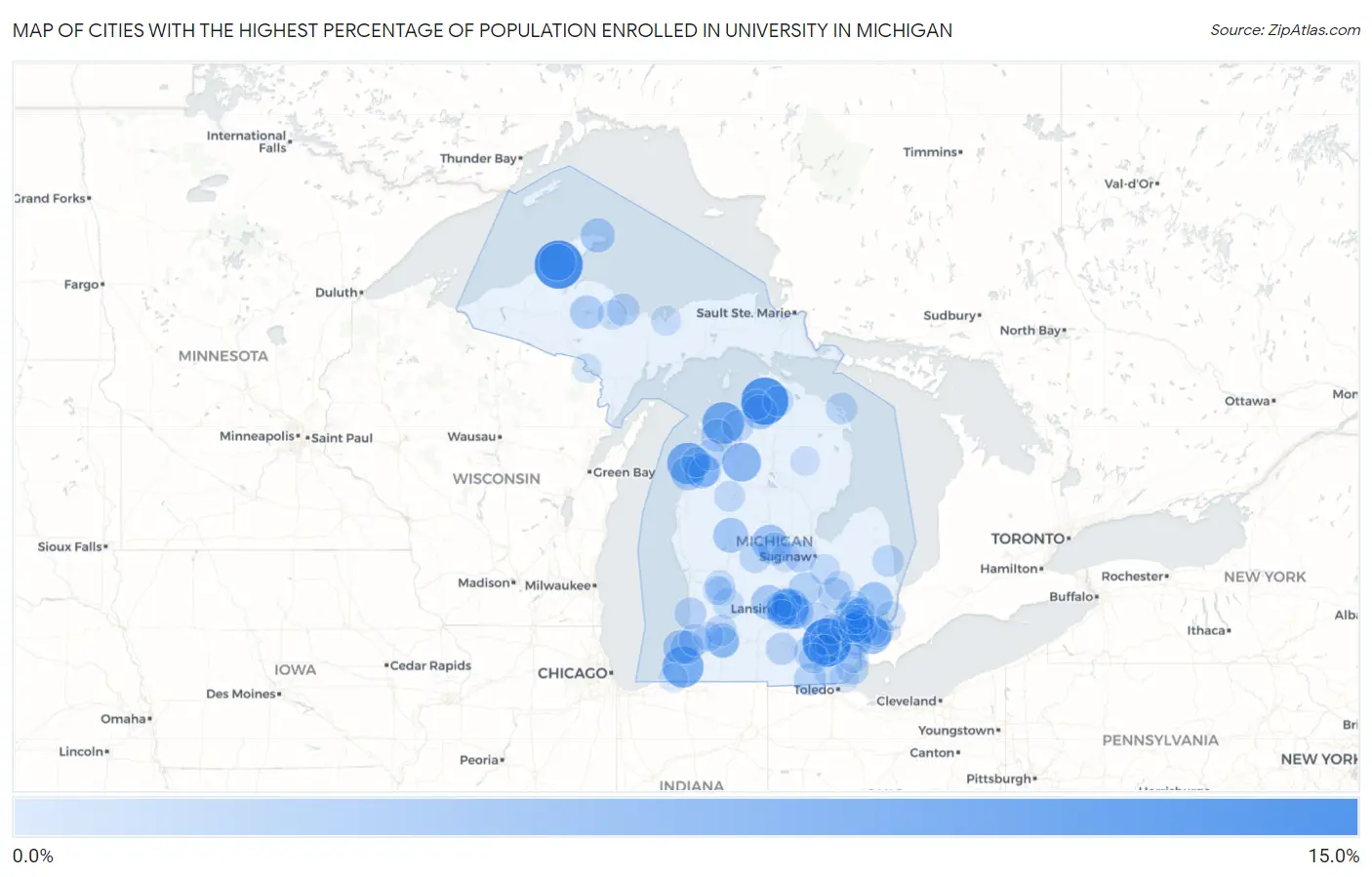 Cities with the Highest Percentage of Population Enrolled in University in Michigan Map