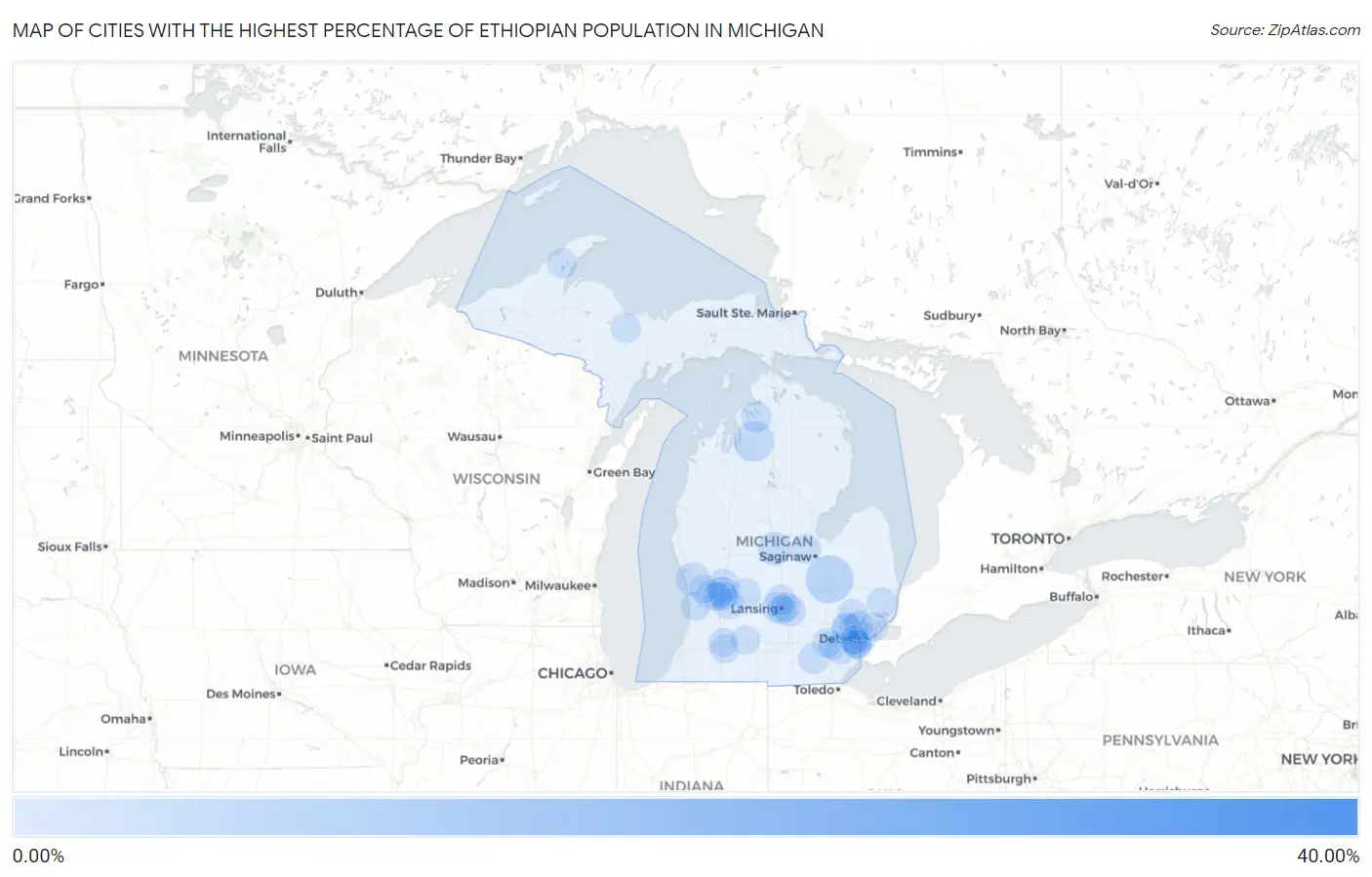 Cities with the Highest Percentage of Ethiopian Population in Michigan Map