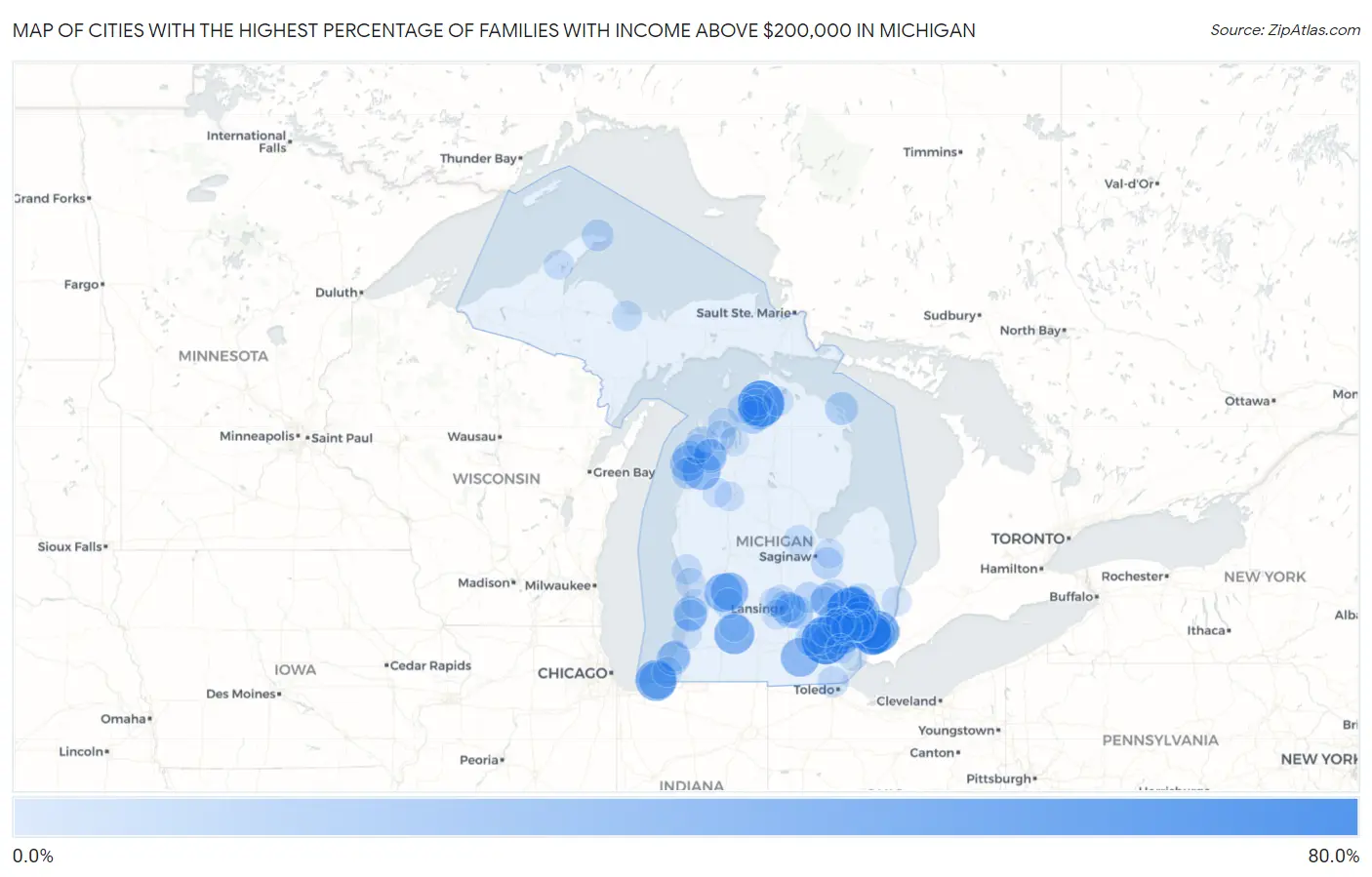 Cities with the Highest Percentage of Families with Income Above $200,000 in Michigan Map