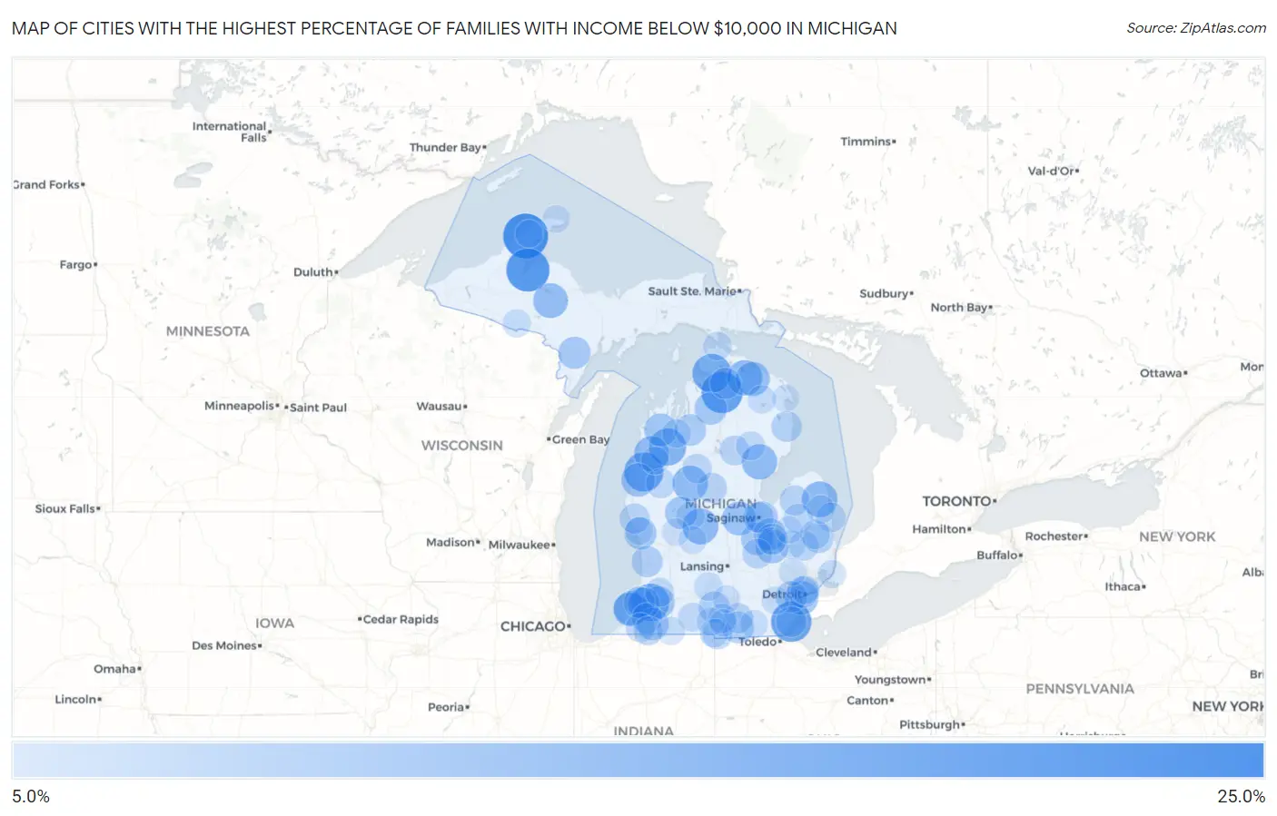 Cities with the Highest Percentage of Families with Income Below $10,000 in Michigan Map