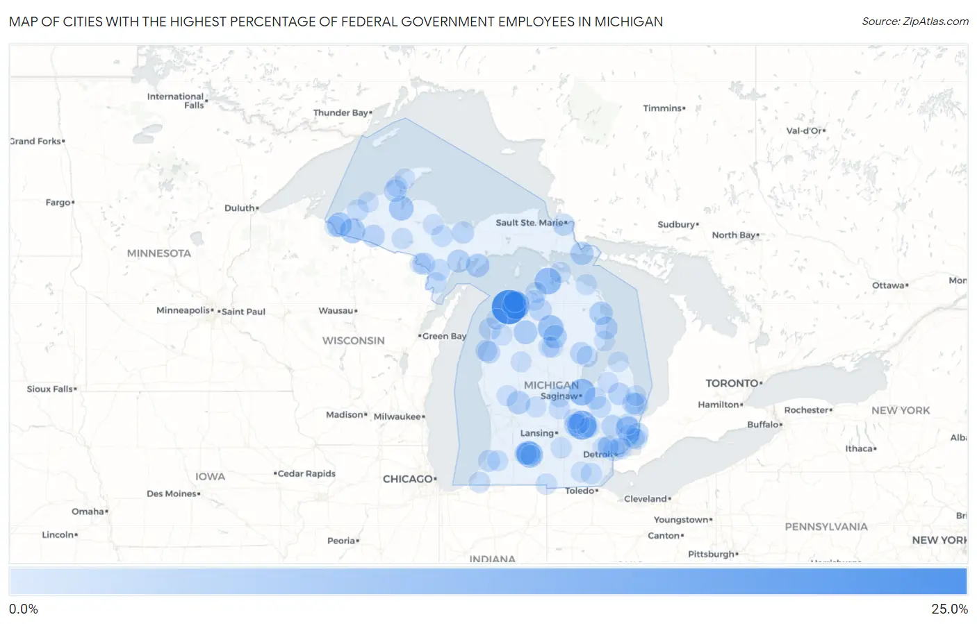 Cities with the Highest Percentage of Federal Government Employees in Michigan Map
