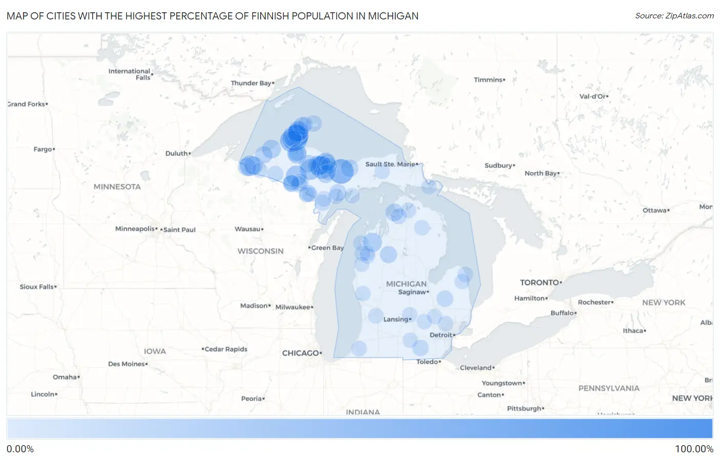 Cities with the Highest Percentage of Finnish Population in Michigan Map