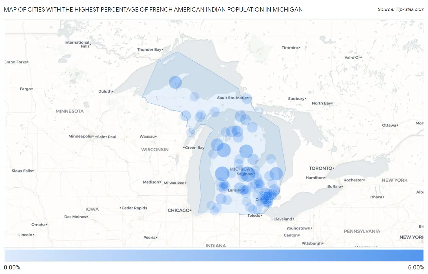 Cities with the Highest Percentage of French American Indian Population in Michigan Map